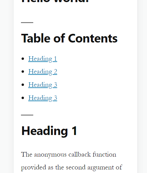 Table of contents before our JS code.